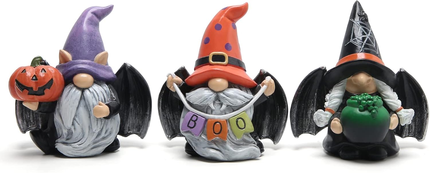 Hodao 3pcs Halloween Gnomes Decorations Handmade Scandinavian Gnome Figurines with Black Wing Boo Halloween Gnomes Figurines Decor Pumpkin Office Table Decorations Gifts